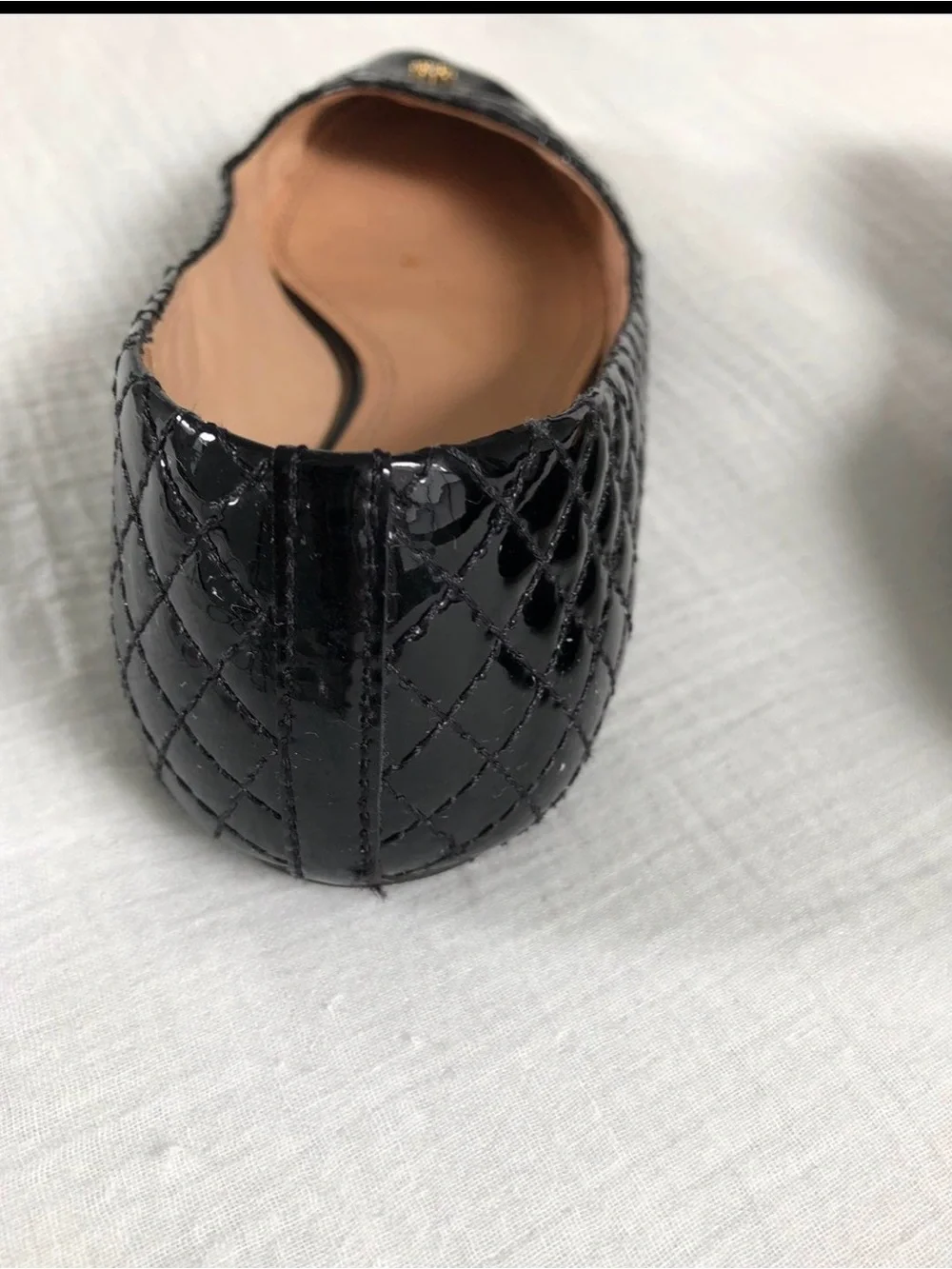 Tory Burch Black Quilted Patent Ballet Flats with Gold Logo
